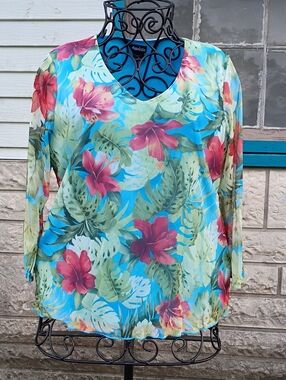 2/$10 Bright Tropical Floral V-Neck Blouse - Aqua with Pink Flowers